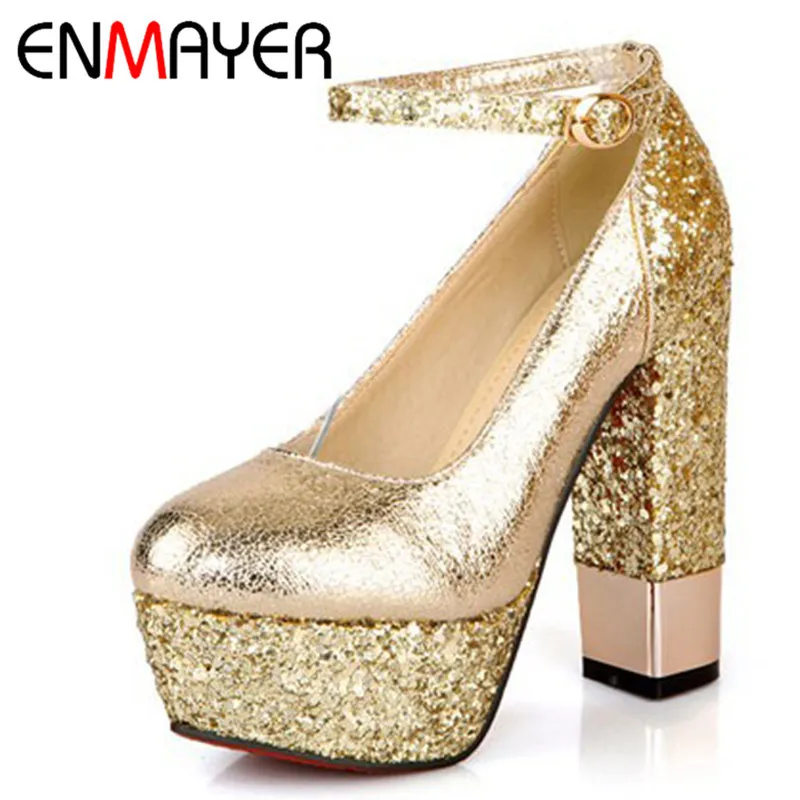 Frauen Heels Riemen weiß Schwarzes Hochzeit Stil High Dünne Pumpen Enmayer Pumpt Mode Knöchel Schuhe gold Kappe Runde Plattform Neue silber Haw8xSOFqI