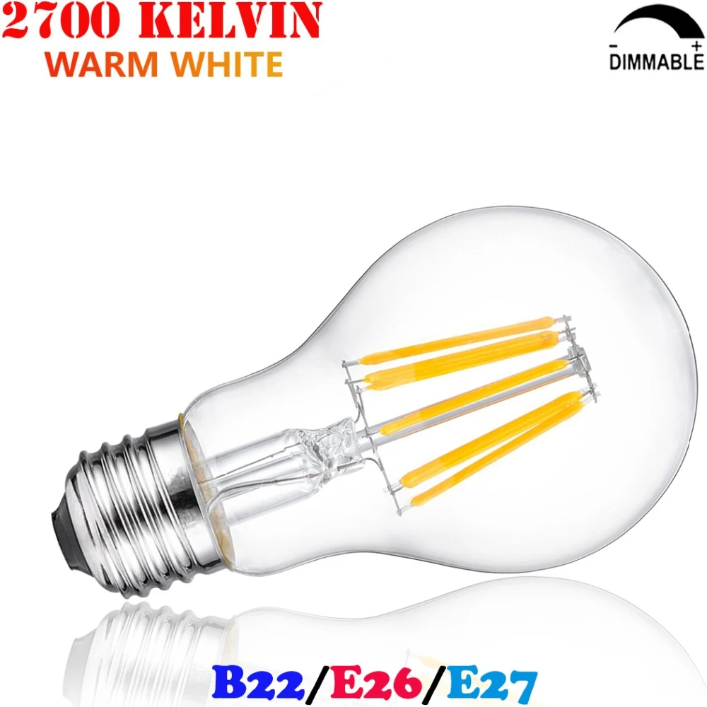 4w 6w 8w standar bentuk bohlam lampu led a60 25w 40w pijar 60w yang sama led filament edison ampul e27 220v dimmable bombilla