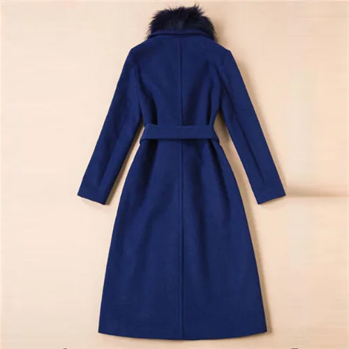 Autumn Winter Celebrity High Streen Long Wool Coat Women Woolen Overcoat FUr Collar Solid Blue Coats Wine Red Outerwear Size XL
