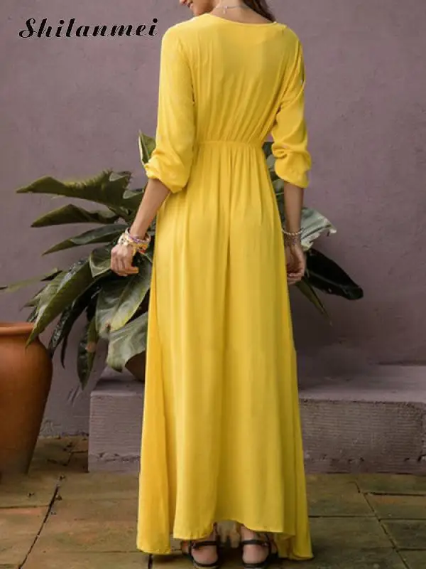 Новое желтое этническое цельное повседневное свободное платье макси с длинным рукавом молочное шелковое цельное платье с бантом элегантное женское платье