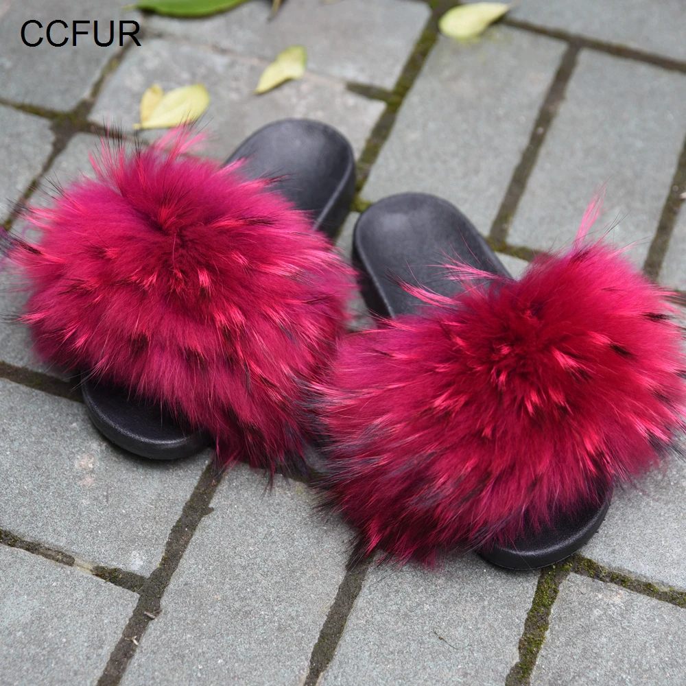 Womens Fur Slipper Real Raccoon Fur Fashion Style Furry Slides Soft Warm Big Fluffy Fur Shoes S6020E