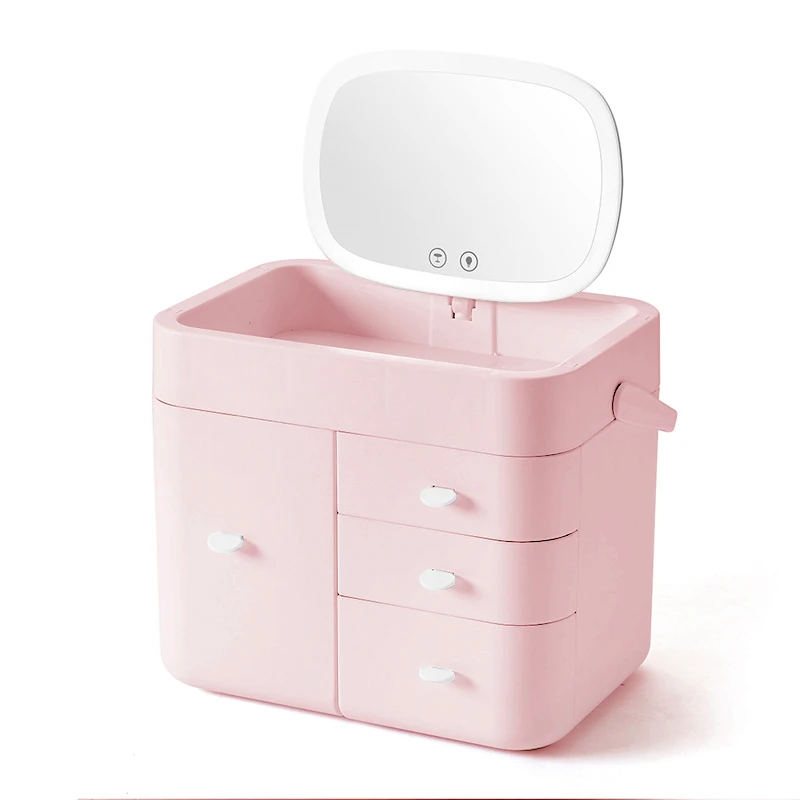 Светодиодный органайзер для косметики в стиле интернет-знаменитостей с зеркалом, многоуровневый бытовой отделочный пластиковый ящик, коробка для хранения косметики - Цвет: Pink (white handle)
