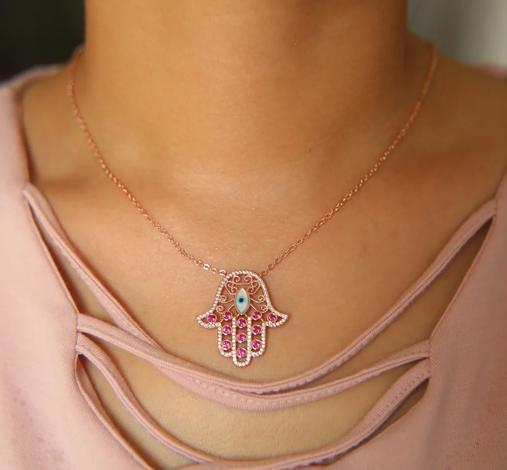 

ROSE gold color purple red hamsa hand pendant fatima's hand necklace high quality cz Turkish evil eye long necklace jewelry