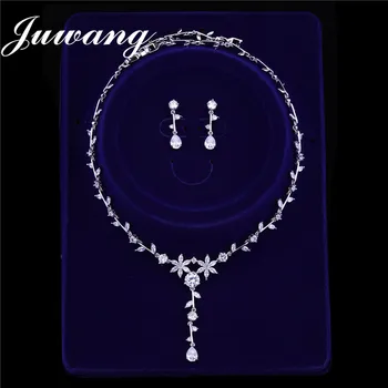 

JUWANG Brand Wedding Jewelry Set for Woman Cubic Zirconia Necklace Earrings Flower Leaf Crystal Bridesmaids Bridal Jewelry Set