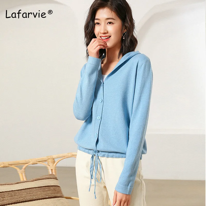 Lafarvie Spring Autumn Plus Size Knitted Hooded Cardigan Sweater Women Long Sleeve Casual Sweater Female Solid Color Oversize