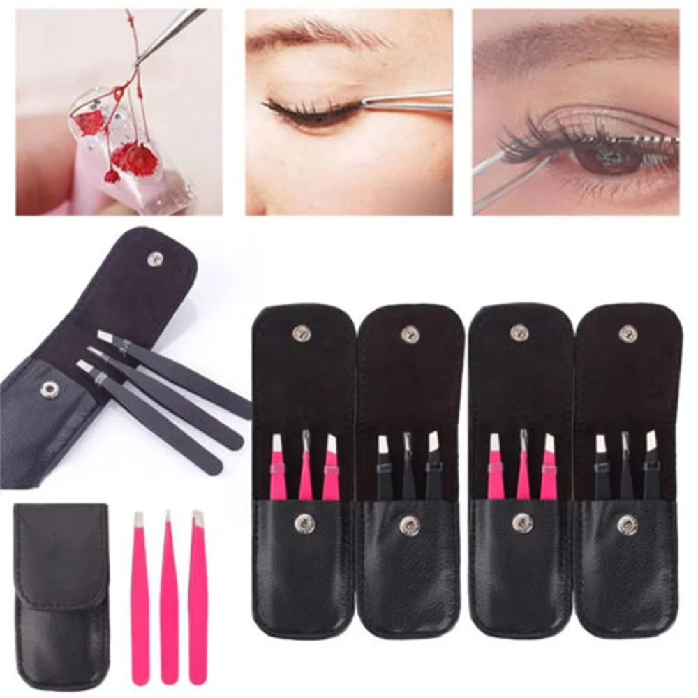 

3pc Eyebrow Tweezer Set Stainless Steel Slant Point Flat Tip Eyes Face Tweezers for Eyelash Extension Hair Removal Beauty Tool
