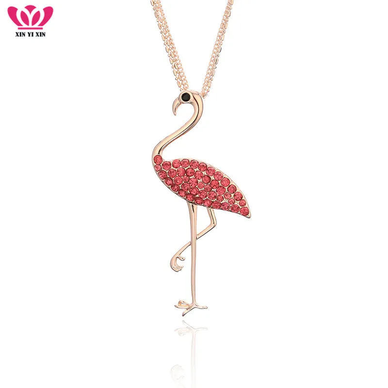 

Gold Silver Clear Crystal Flamingo Pendant Necklaces For Women Chains Sweater Long Animal Necklace Fashion Jewelry Party Gifts
