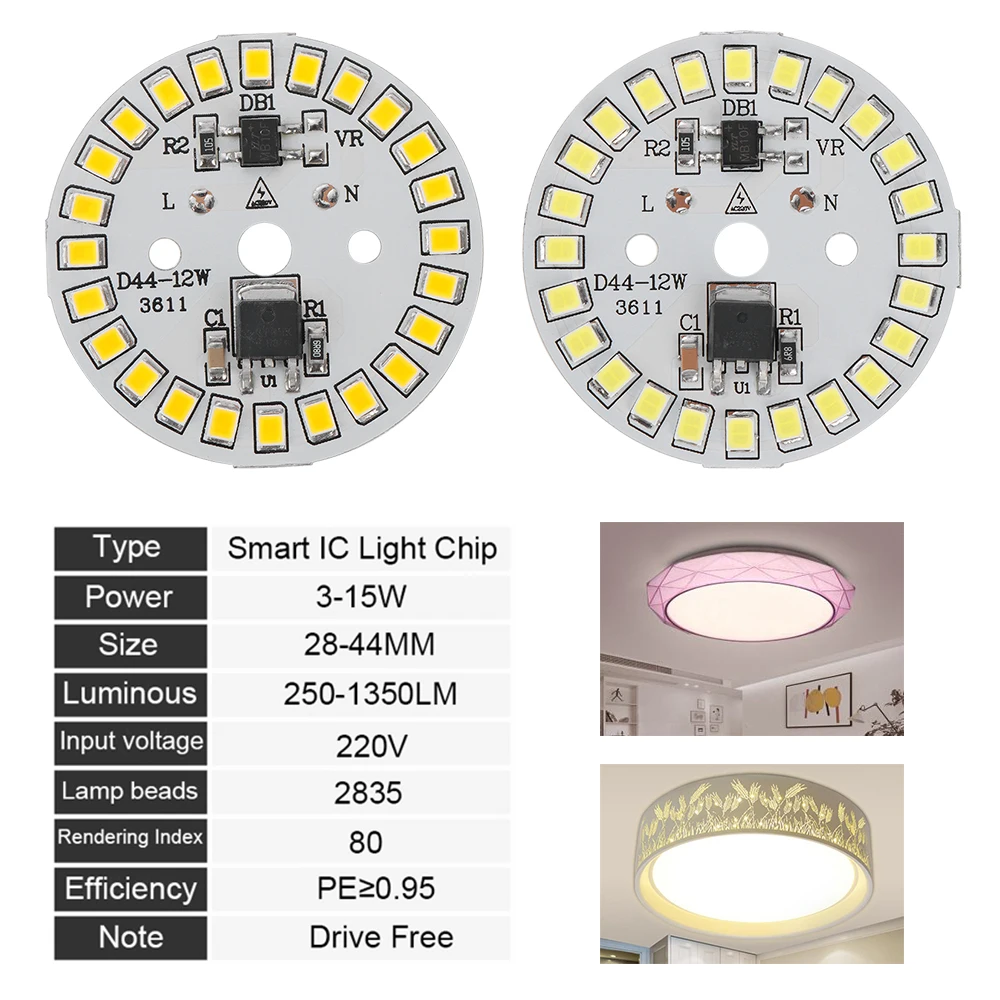 Умный IC круглый 3-15 Вт Светодиодный светильник-чип 2835 SMD Смарт IC чипы пластины ac220в теплый белый/белый светодиодный светильник COB лампы светодиодный