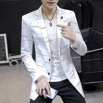 

2019 Men's Personality in the Long Windbreaker Trend Plaid Suit Jacket Single Row of Two Buckles Blezer Masculino