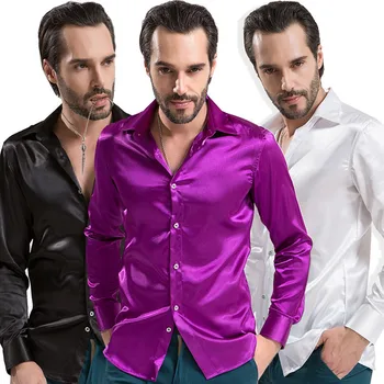 

New 2018 Leisure Brand Clothing High-grade Emulation Silk Long Sleeve Shirts Men's Casual Shirt Shiny Satin Tuxedos Shirts