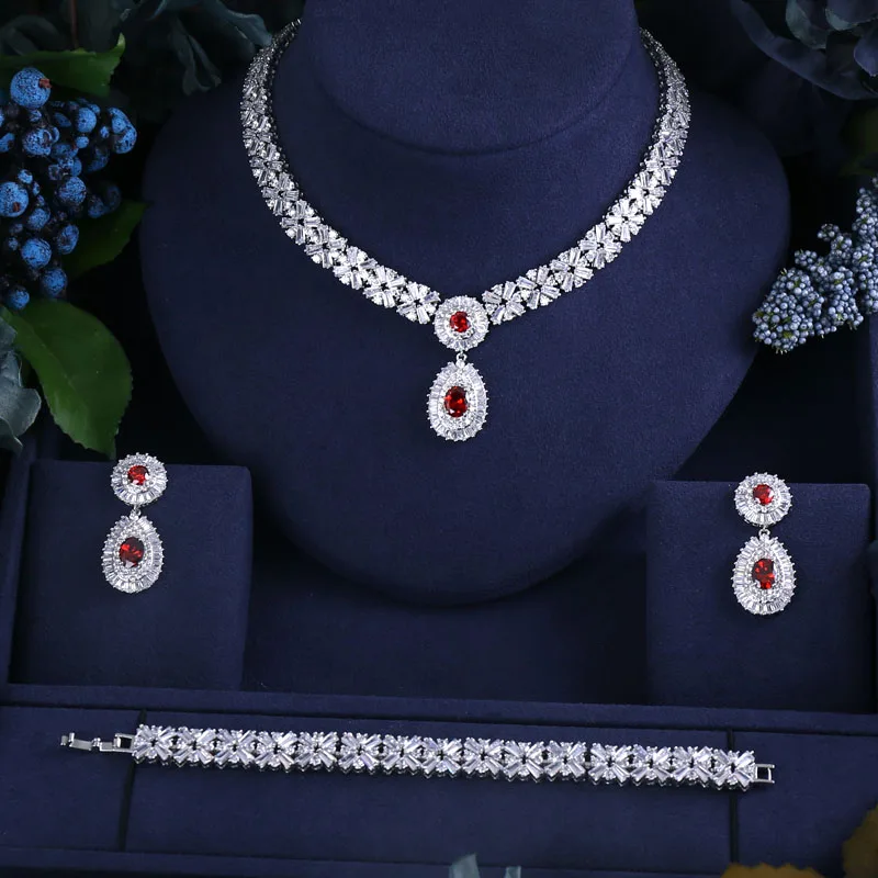 

4 Color Select Elegant Shape Bridal Cubic Zirconia Necklace Earrings Bracelet Sets Big Wedding Jewelry Sets For Brides