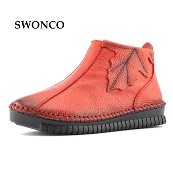

43 Zipper Leisure Genuine Leather Snow Boots For Woman 2017 Winter New Warm Fur Ankle Shoes With Leaves Female Handmade Shoes