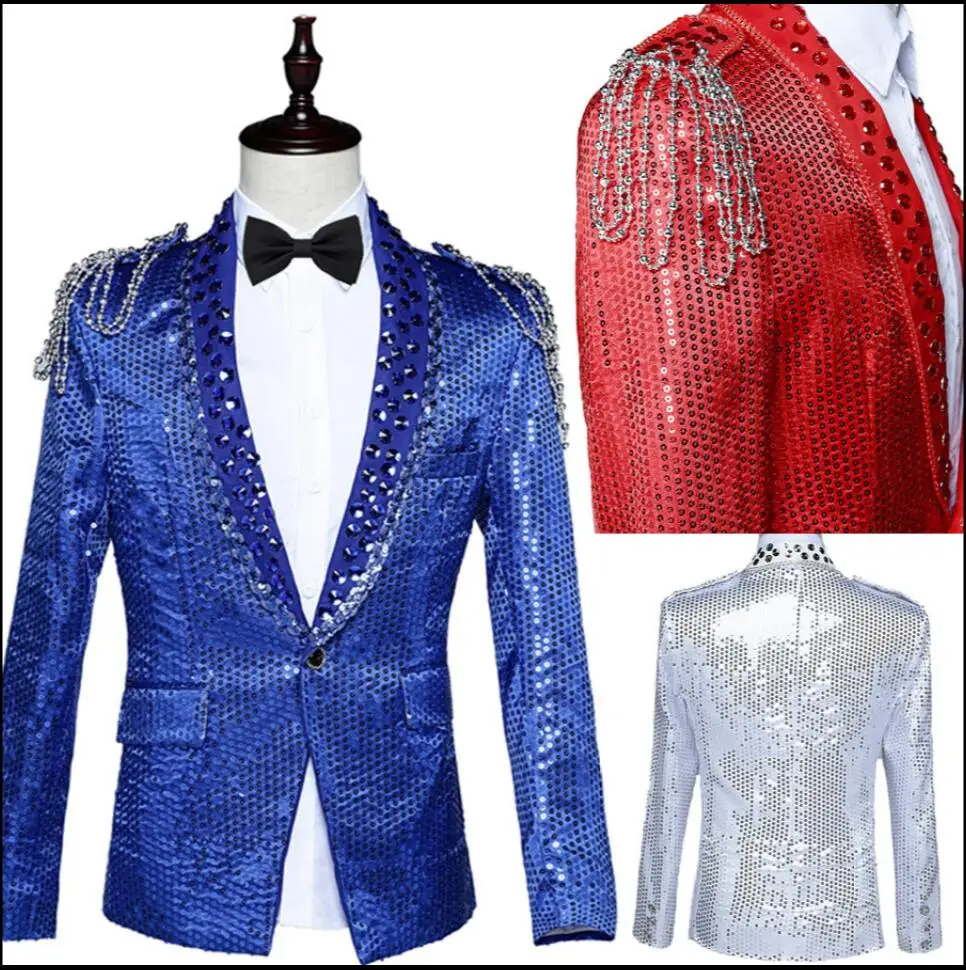 

M-5xl New Plus Size Men Suit Slim Sequined Singer Stage Costumes Tuxedo Chorus Singer Host Clothing Chain Blazer Formal Dress