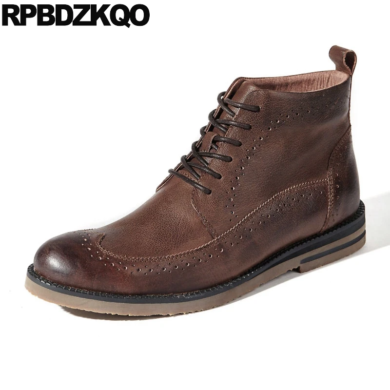 

Fur Men Booties Shoes Formal Lace Up Party Brown High Top Super Warm Winter Boots Russian Style Full Grain Brogue Wingtip Oxford