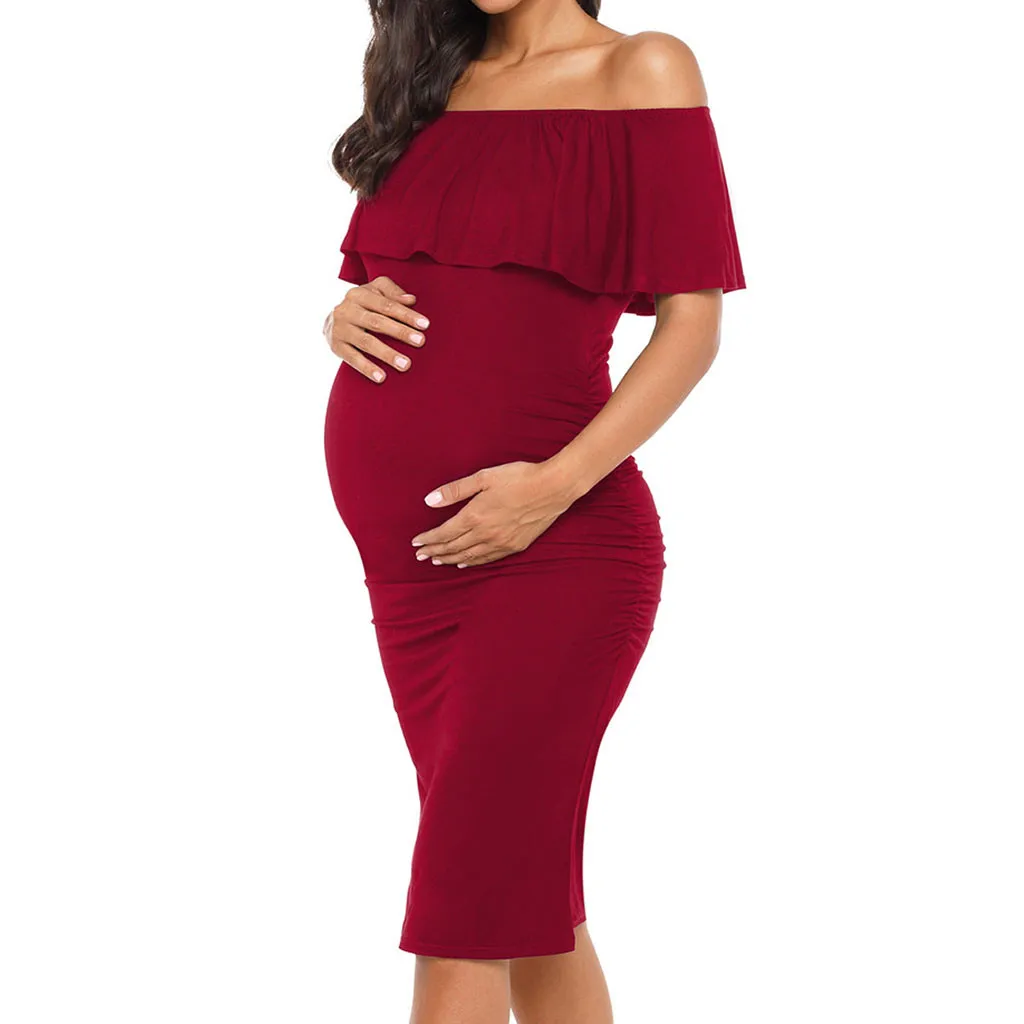 

Women's Solid Ruffle Off The Shoulder Maternity Pregnancy Dress Photography Nursing Breastfeeding Dress B