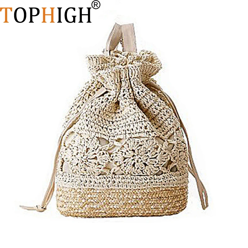 

New Drawstring Straw Beach Bags Female Handmade Fashion Printing Travel Backpack Summer Fresh Floral Double Shoulder Bags B535