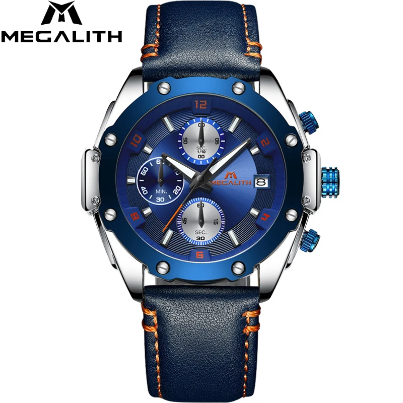 

MEGALITH Luxury Watches Men Fashion Blue Genuine Leather Strap Watch Waterproof Analogue Chronograph Date Quartz Wrist Watches
