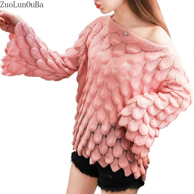 

2018 Autumn Winter Korean Version Hollow Pink Women Knit Sweater Slash Neck Loose Trumpet Sleeves Sweater Knit Sweater Female