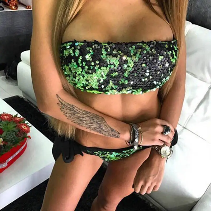 

Vertvie Swimsuit Push-Up Bikini Set 2017 Swimwear Women Bandage Low Waist Sequins Backless Two Piece Swimwear Biquini Beachwear