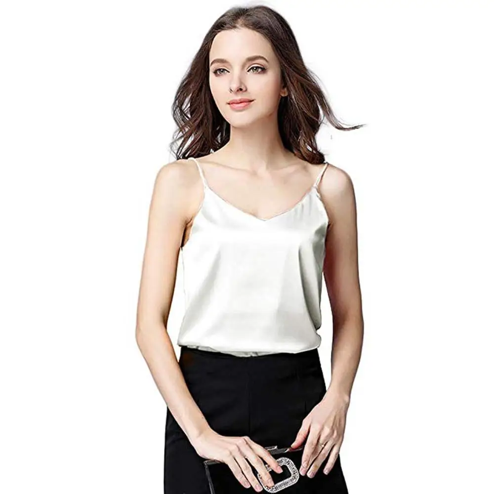 

Women Sexy Silk Camisole Bottom Soft Satin Tank Top v neck sleeveless solid summer fashion 2019 tops black pink