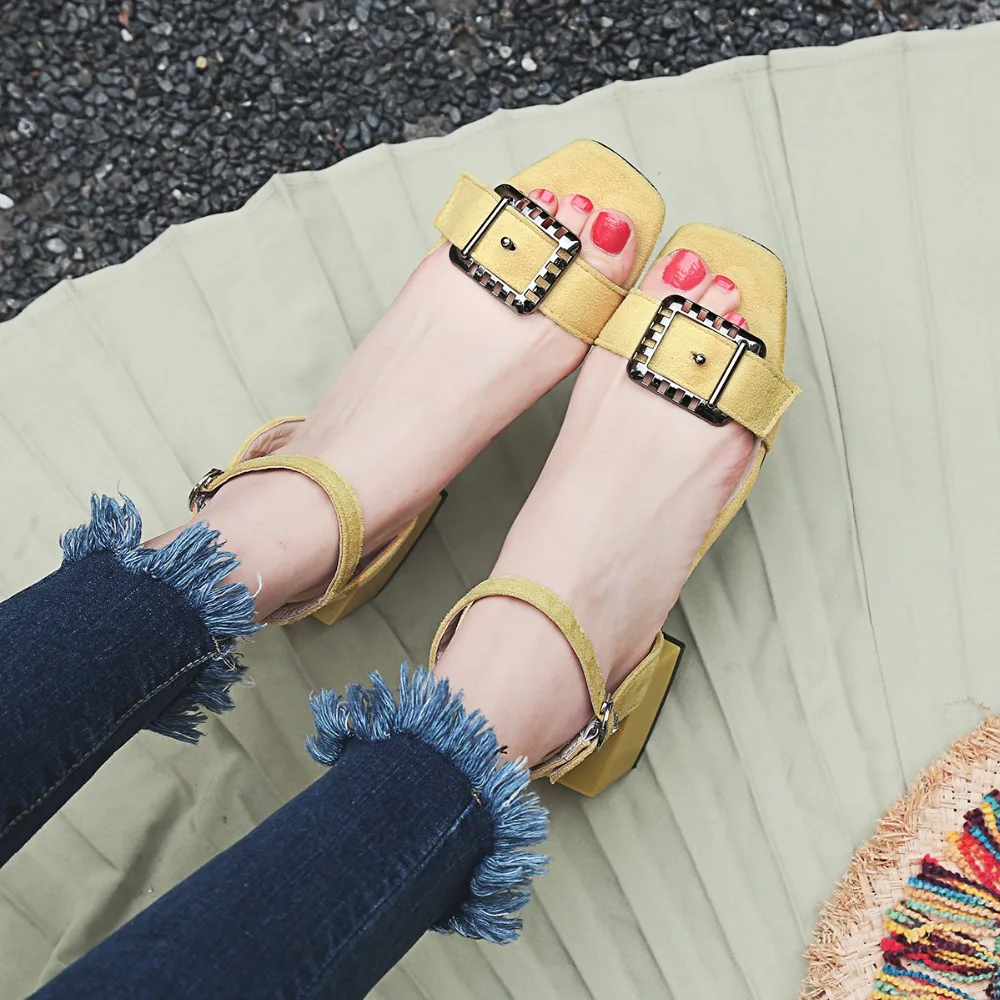Г. летние модные сандалии женские Босоножки с открытым носком Женская замшевая обувь на высоком квадратном каблуке с пряжкой размер 34-43 C0641