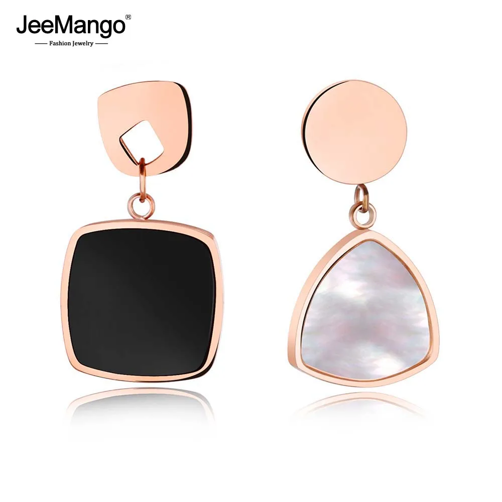 

JeeMango Trendy Black/White Shell Geometric Triangular Motherfish Asymmetrical Earrings Female Titanium Steel Earrings JE17076