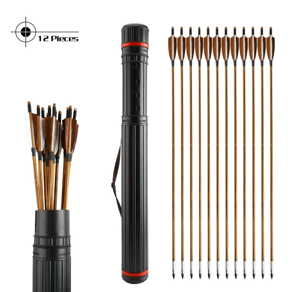 

12 Pcs 32" Traditional Bamboo Arrows with Quiver for Archery longbow Compoundbow and Recurve Bow Hunting with 4" Natural Feather