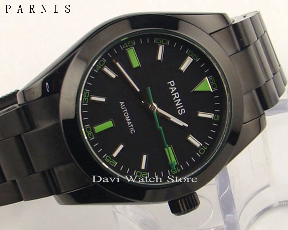 

Parnis 40mm PVD black case Black dial strap sapphire glass Automatic mens watch