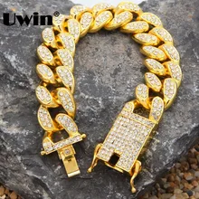 Uwin, модные хип-хоп тяжелые Роскошные браслеты для мужчин, 20 мм, с кубинским соединением, золотой цвет, браслет, ювелирное изделие, полностью покрыто льдом, стразы