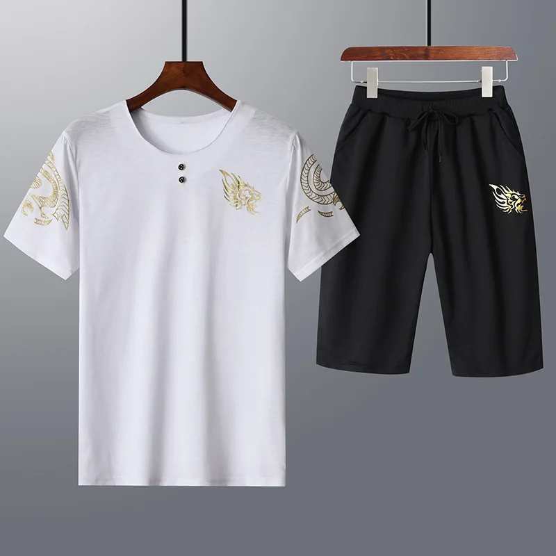 

Men Tshirt Top Tees Button breathable Summer Man Sportwear Sets Tracksuit Male Outwear Sweatshirts Patchwork Set Mens SportSuit
