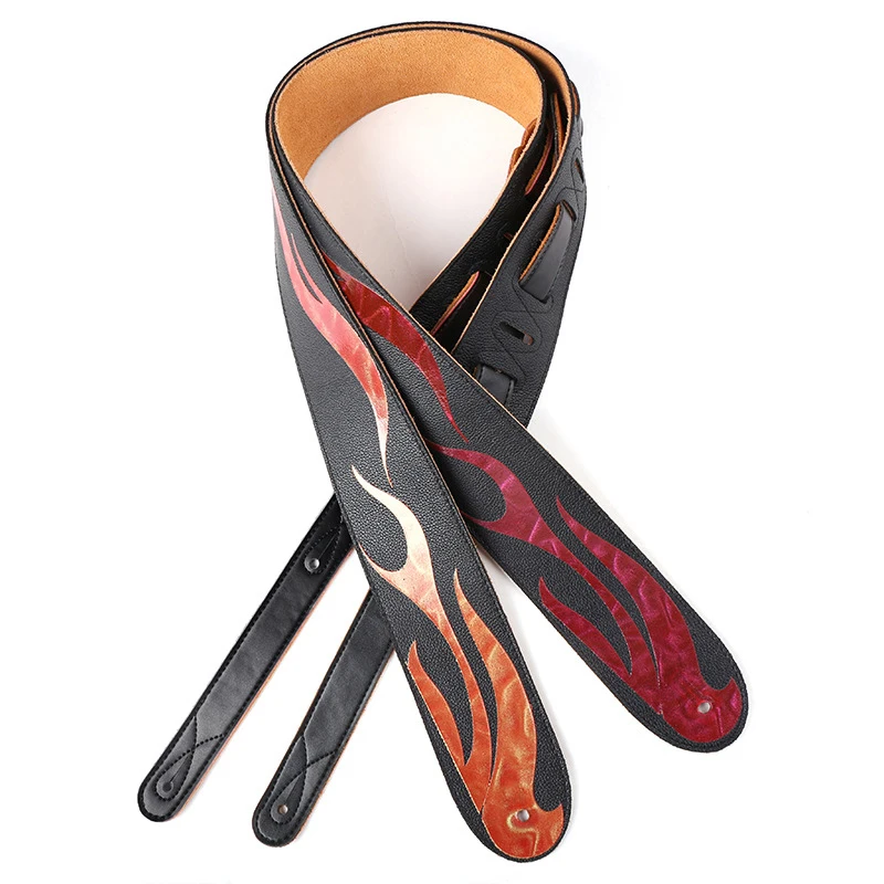 Personality Flame Genuine Leather Guitar Strap Acoustic Ukulele Folk