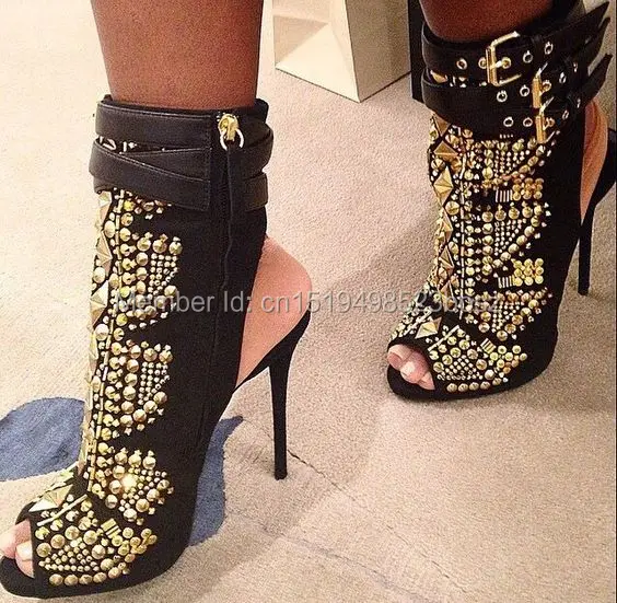

Gold Crystal Studs Embroidery Short Ankle Boots Cut-outs Peep Toe Sandal Boots High Heels Summer Lady Suede Short Boots Shoes