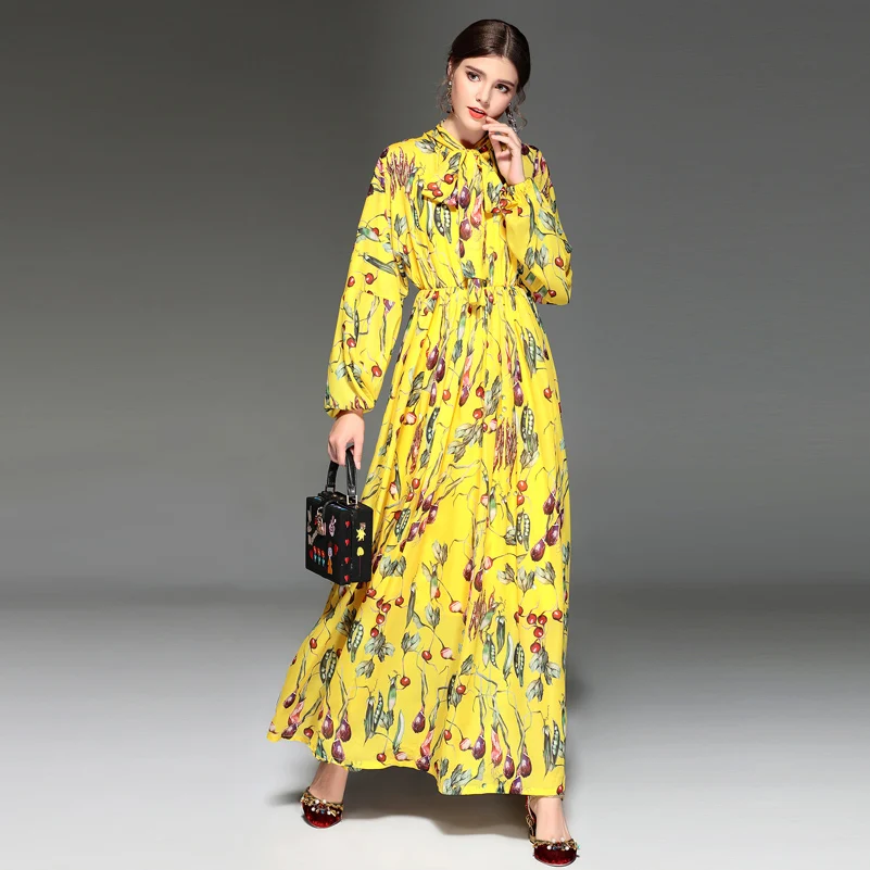 

runways Fashion designer Bohemian long dress Women's long sleeve Vintage printing Bow collar elegance Casual holiday Maxi dress