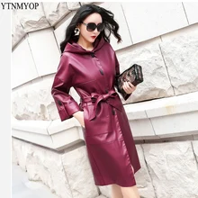 YTNMYOP женский длинный кожаный Тренч весеннее кожаное пальто Женская Осенняя повседневная кожаная одежда с капюшоном размера плюс 3XL