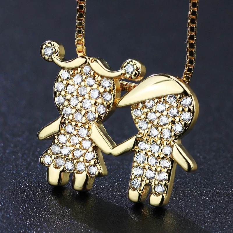 Kinforse Lovely Boy and Girl Pendant Necklace Pave Cubic Zircon Gold