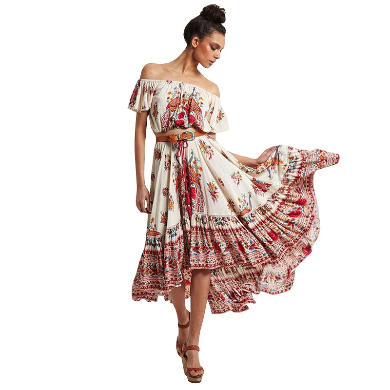 Bohemia Style Summer Dress Off Shoulder Chic Vintage Floral Print Elegant Maxi Dress Women Asymmetrical Pleated Long Dress