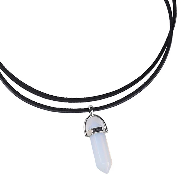 2018 New Arrival Leather Choker Necklace Black Color Natueal Stone Pendant Necklace Hexagonal Column Quartz Necklaces (3)