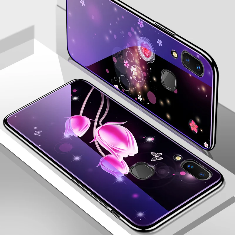 Чехол для Vivo Y85 Y 85 чехлы телефонов окрашенное синее закаленное стекло + Мягкая