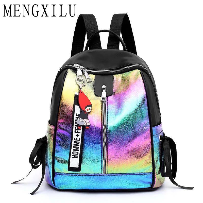 

MENGXILU 2019 Hot Anti-Theft Backpack Fashion Laser Shoulder Bags With Cute Pendant Summer Jelly Girl Travel Beach Bag Mochila