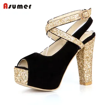 

Asumer Hot selling sexy high heels women sandals peep-top platform summer dress sandals square heels bling ladies sandals 32-43