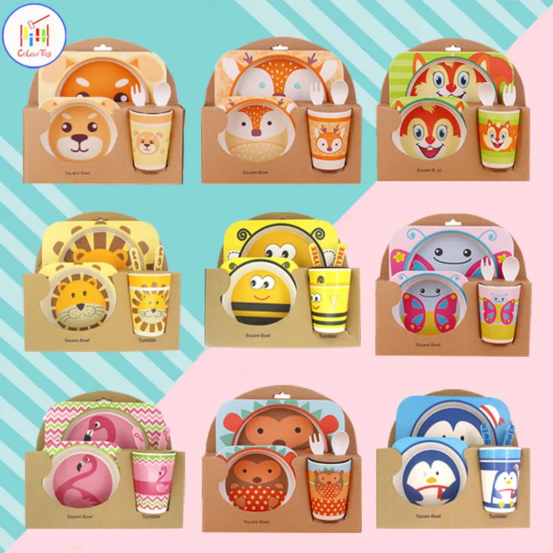 

Kids Bamboo Fiber 5 Pcs/Set Tableware Set Cartoon Baby Plate Dish Bow Cup Forks Dinnerware Feeding Children Utensils Supplies