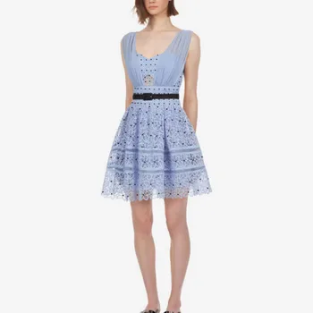 

New Women Self Portrait Dress Dots Printed Mini Aline 2019 Designer Feminine Belt Sexy Hollow Out Lace Patchwork Vestido Clothes