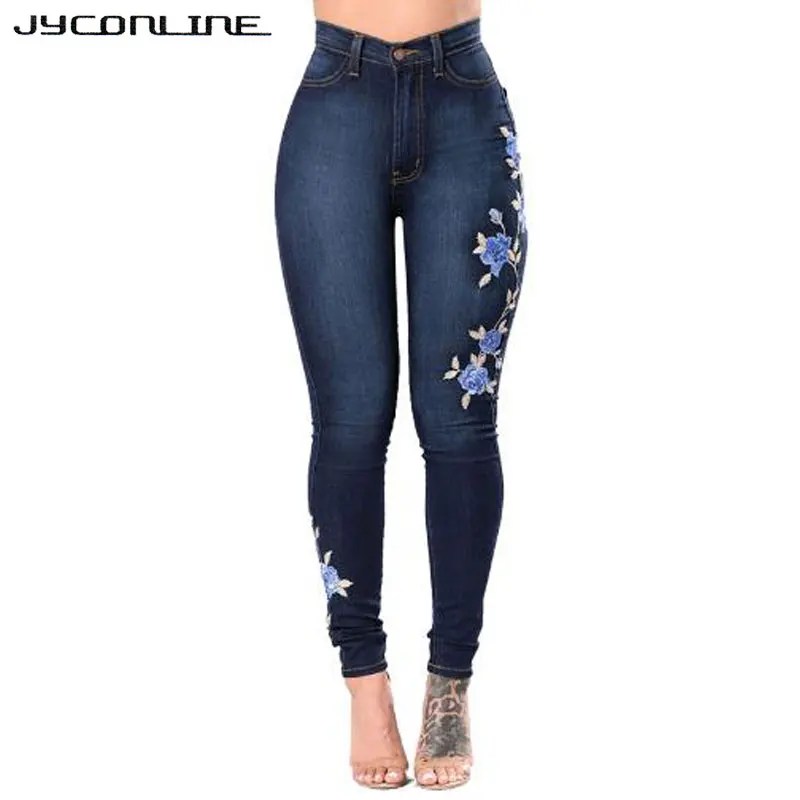 

JYConline Stretch Embroidered Jeans For Women Elastic Flower Jeans Female Pencil Denim Pants Skinny High Waist Jeans Woman 3XL