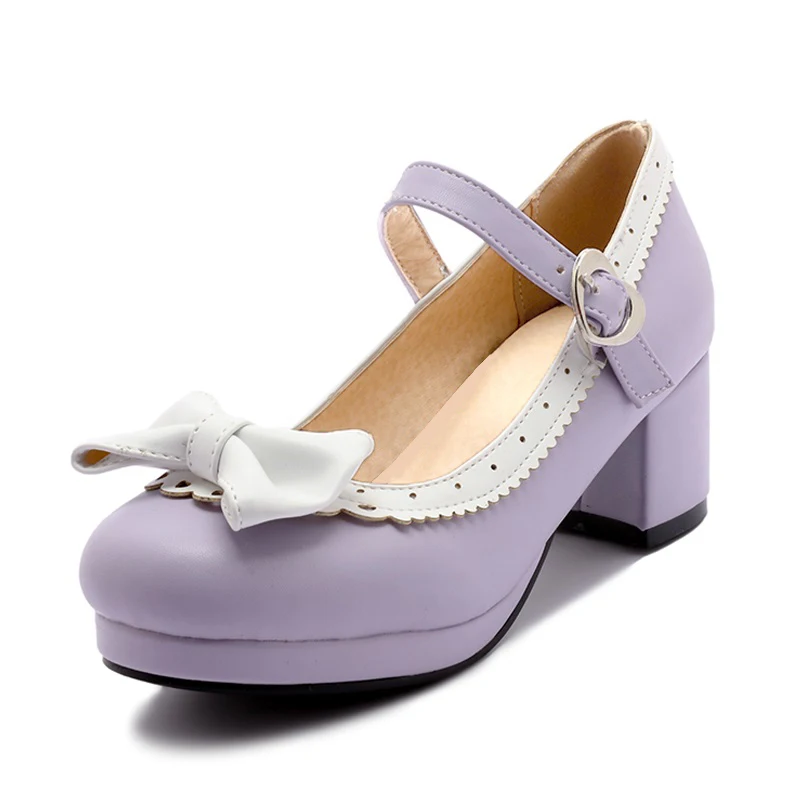 TAOFFEN/Женская обувь на толстом высоком каблуке; женские туфли-лодочки на каблуке с бантом и пряжкой в виде сердца; женская повседневная обувь для офиса; размеры 28-43 - Цвет: Фиолетовый