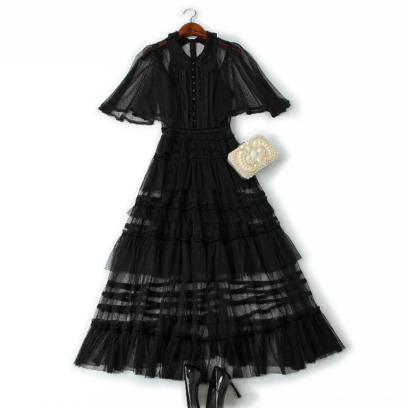 

Women girls gothic style black mesh long dress patchwork lace short sleece a-line sexy dresses 2019 summer white