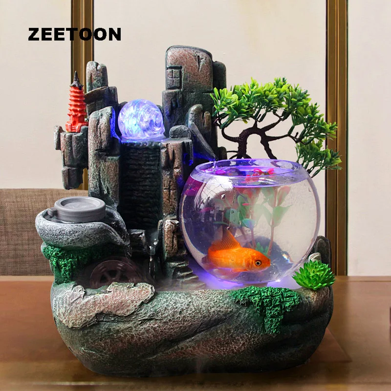110V-220V Vintage Resin Water Fountain Small Fish Tank Office Desktop Decor Waterscape Bonsai Feng Shui Ornament Crafts | Дом и сад