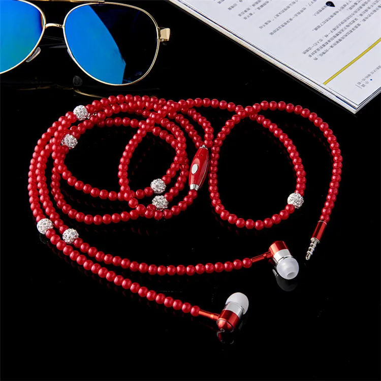 

Beautiful Rhinestone Jewelry Pearl Necklace Earphone With Mic Earbuds For IOS Android Mobile Phone Birthday Gift Romantic