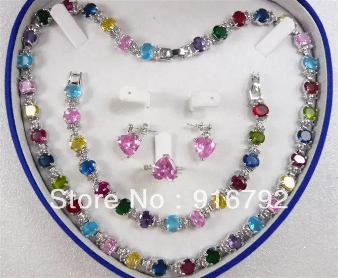 

free shipping *******Multicolor Zircon Link Bracelet/ Earrings /Ring / Necklace Set+ Gift Box