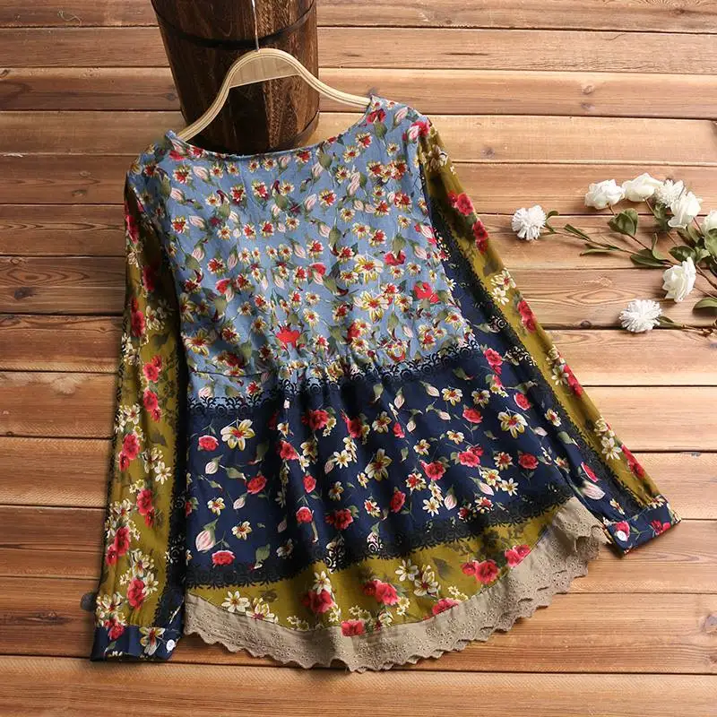 FREE SHIPPING Women Vintage Cotton Linen Top Spring Floral Printed Blouse Long Sleeve Shirt Casual Tunic Lace Patchwork Blusa JKP2754