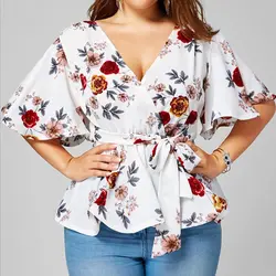 Женские блузки и топы, Корейская одежда, женская рубашка с v-образным вырезом и расклешенными рукавами, лето 2019, женские топы с цветочным